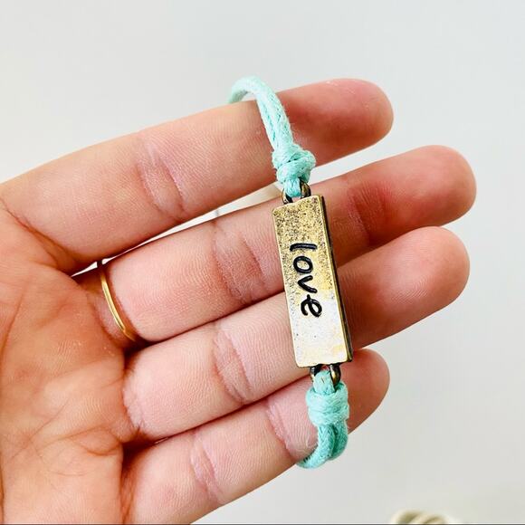 NEW Y2K VINTAGE NORDSTROM Mint Green Cord Love Brass Gold Charm Bracelet Jewelry - Picture 2 of 3